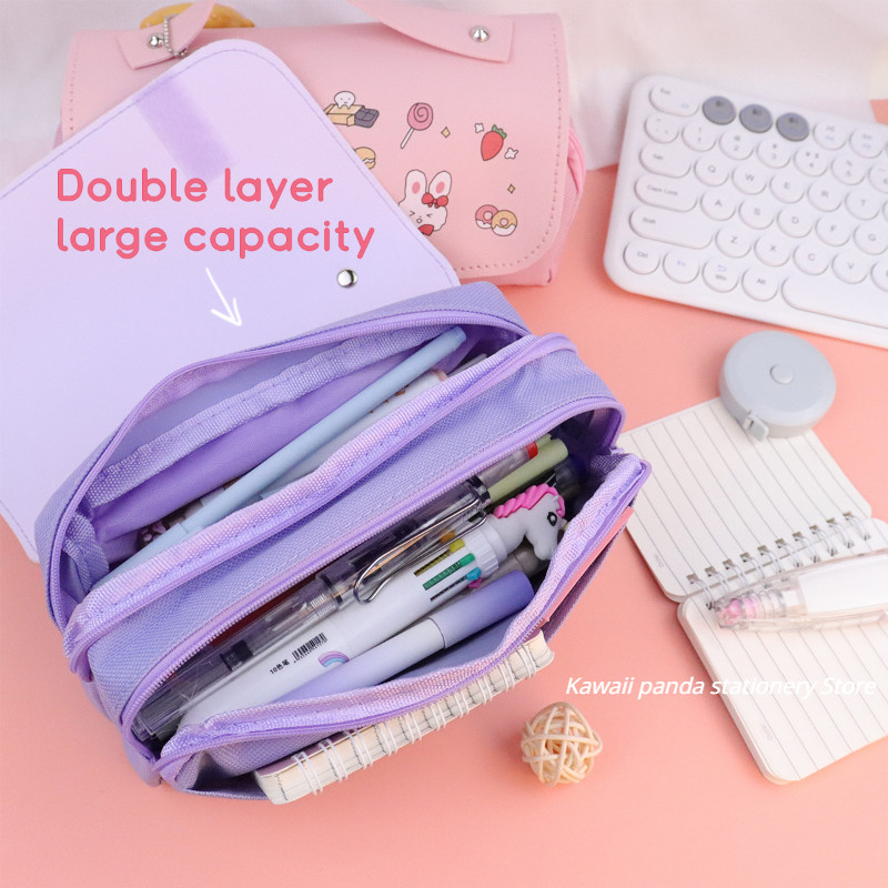 3D Kawaii Pencil Case Donut 3 Layers Pen Pouch Cute Bear Waterproof Leather Aesthetic Organizer Scho