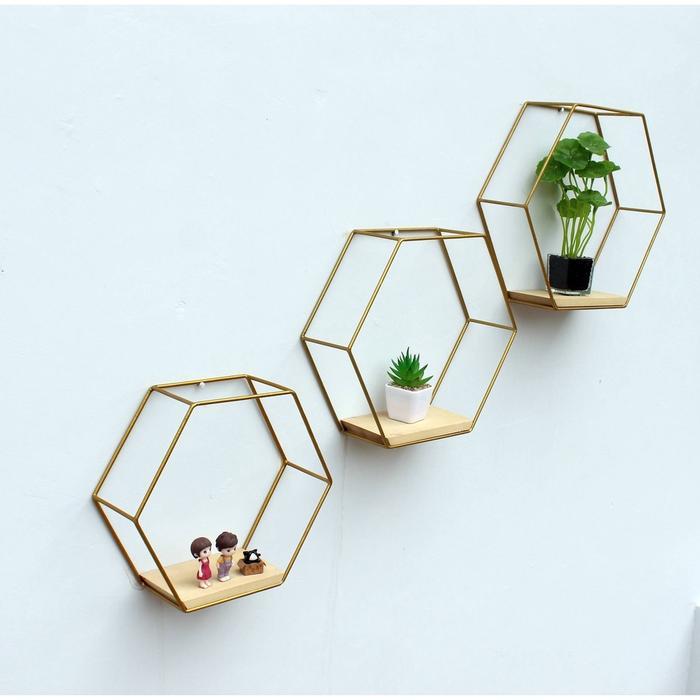 Dekorasi Rak Dinding Hexagonal 3 Dimensi 1 Set (3Pcs) Besar Kecil Sedang - Rak Besi Segienam Gold