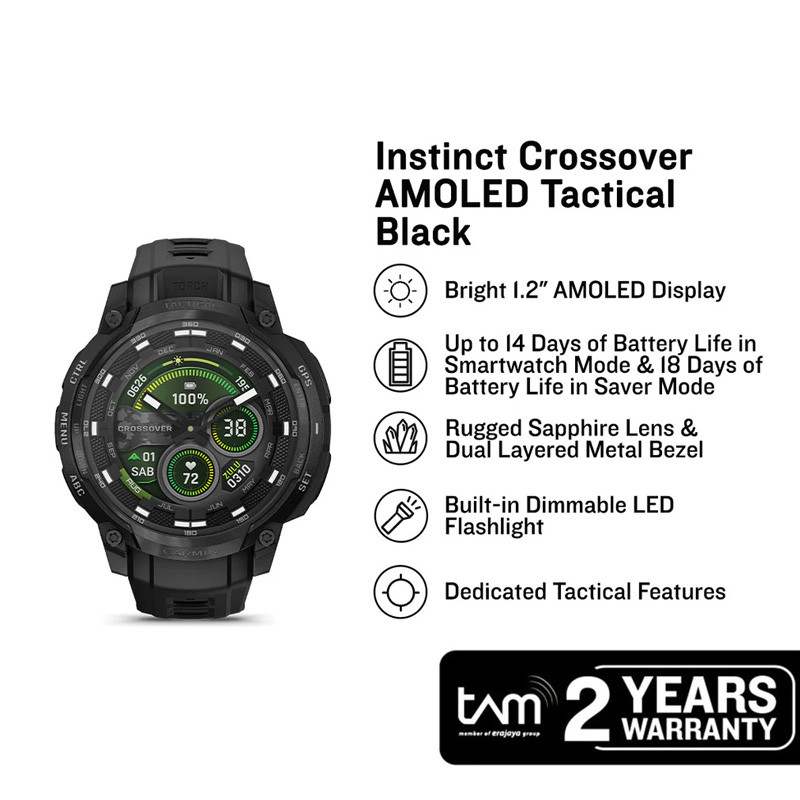 Jam Tangan Pria Garmin Instinct Crossover 010-03398-42 Smartwatch Rugged Hybrid GPS AMOLED Black Tac