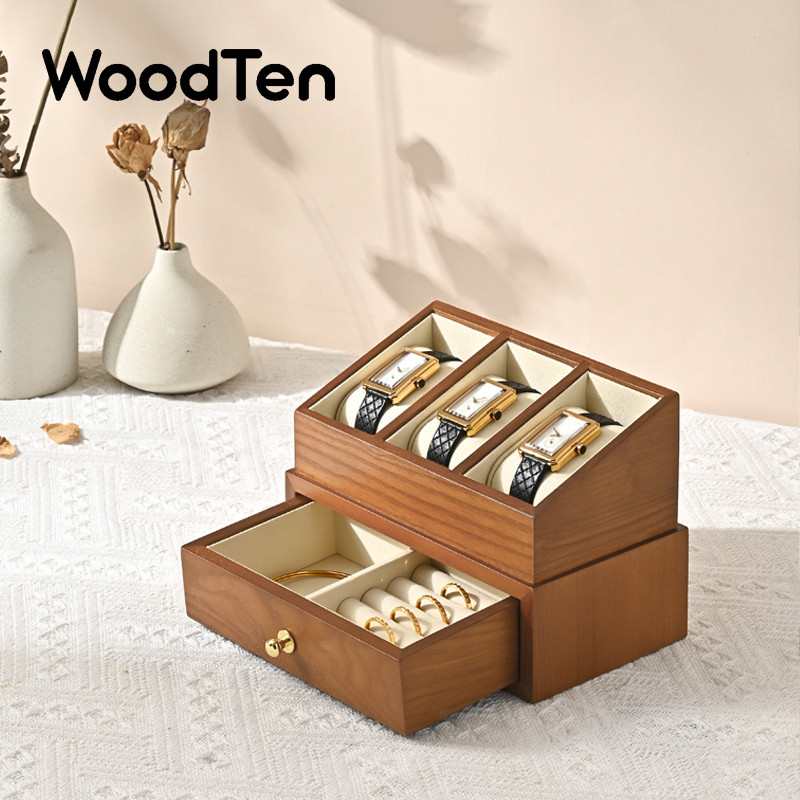WoodTen 3 Grids Wood Watch Box Double-layer Watch Jewelry Organizer Wrist Watch Storage Box