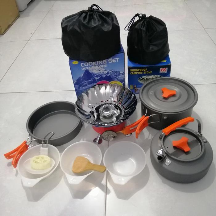 Paket Cooking Set Ds-308 Dan Kompor Gunung Windproof Nesting Outdoor