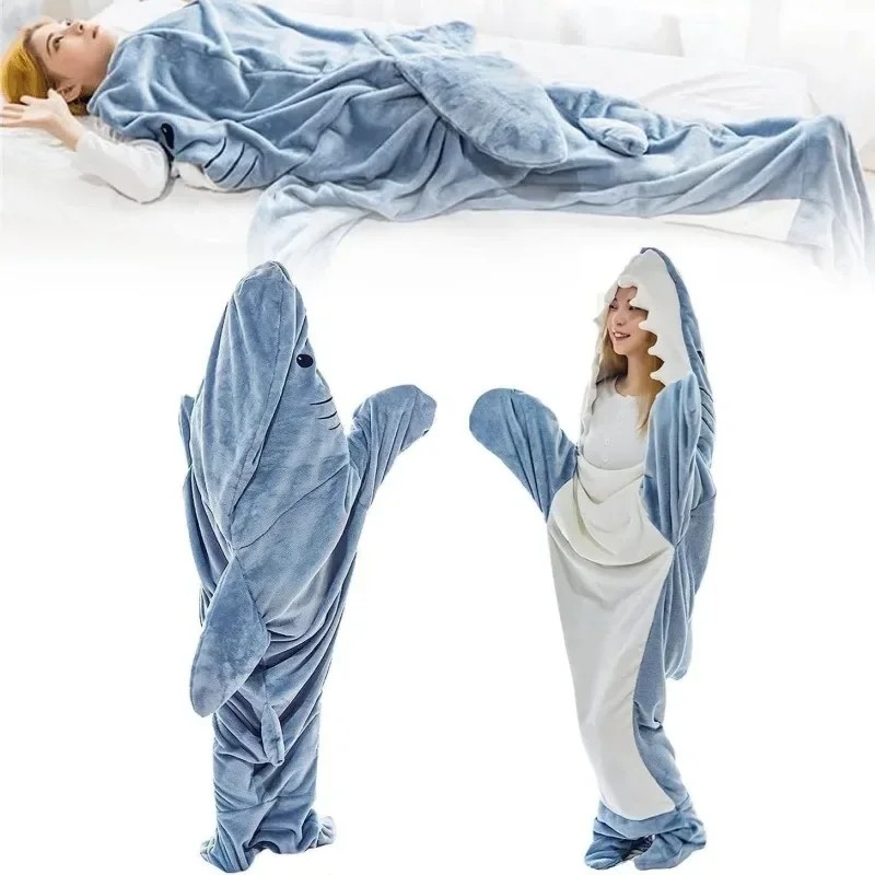 Soft Shark Pajamas Nap Sleeping Bag Blanket Shawl Wearable Shark Night-robe One-sleeper Suits for Ad
