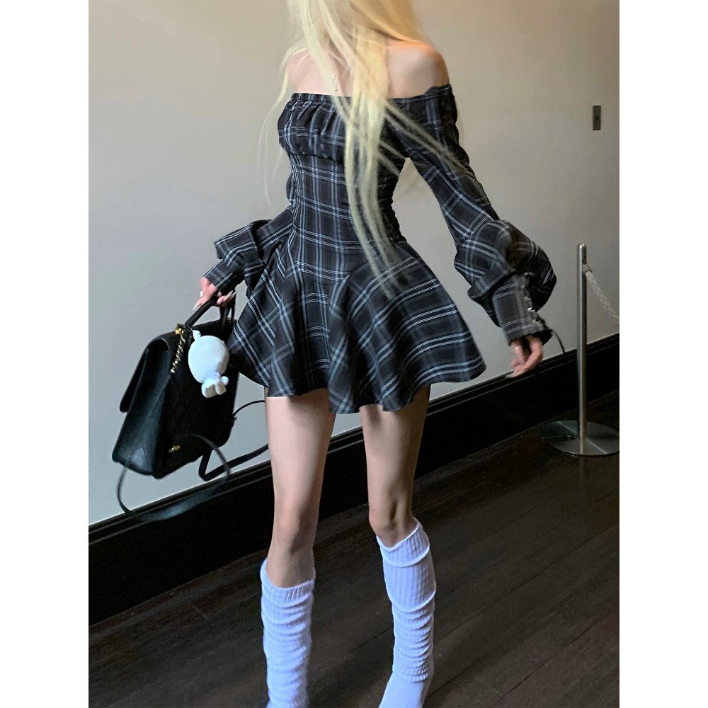 Harajuku Vintage Plaid Mini Dress Grunge Sexy Slim Y2k Dress Fairy Ruffled Long Sleeve Dress
