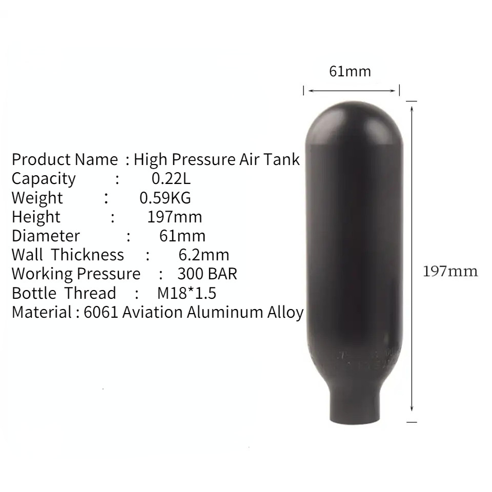 4500Psi 300Bar 0.22L 220cc Aluminium Cylinder HPA Tank High Pressure Bottle Diving Mini Scuba Tank