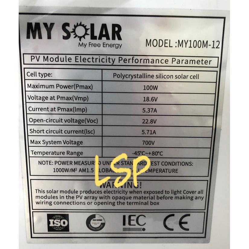 ua18- Solar Panel Mono 100Wp Mysolar Solar Cell Panel Surya 100 Wp My Solar