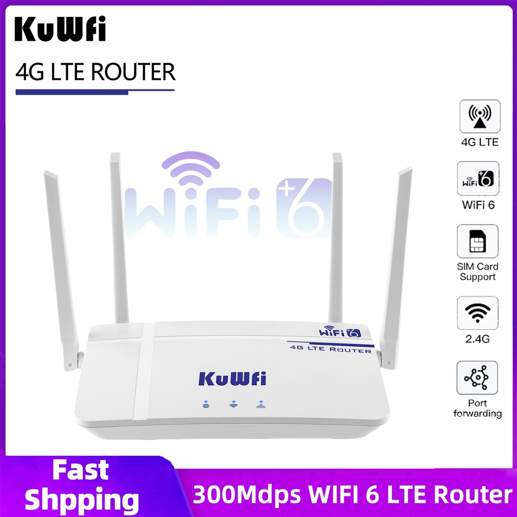 Kuwfi 300Mb Wireless Router Wifi 6 Lte Router With Sim Card 4G Em Support 10User With Externanl
