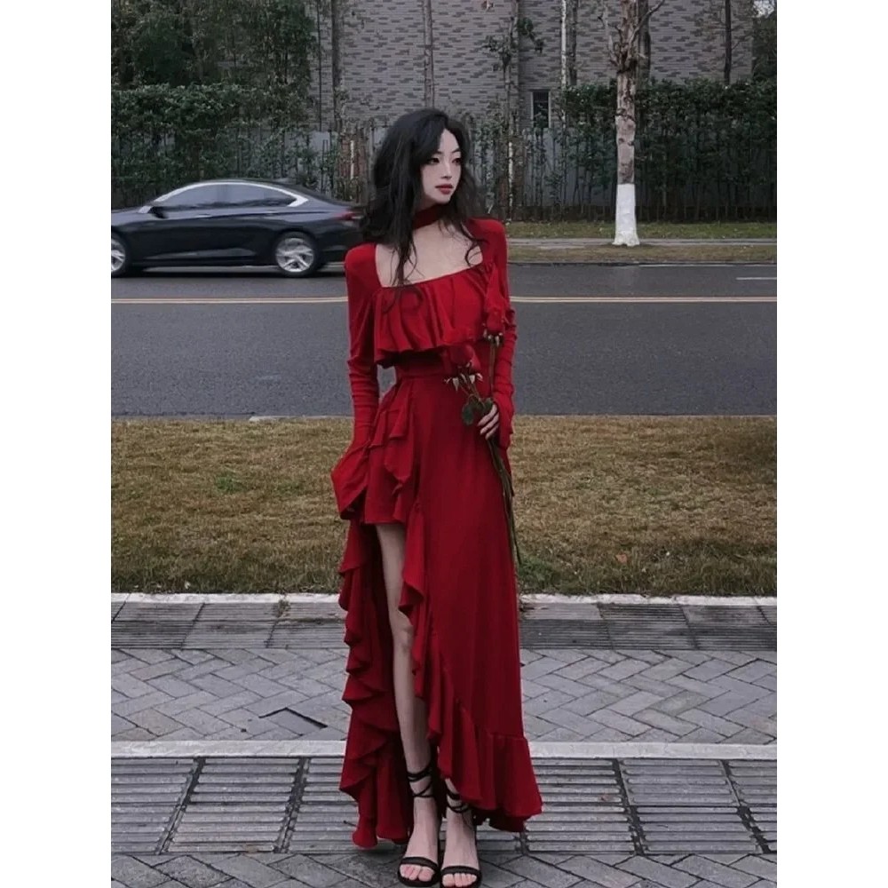 2024 Spring Women Elegant Long Slevee Midi Dress Female Red Square Collar Ruffle Party Dress