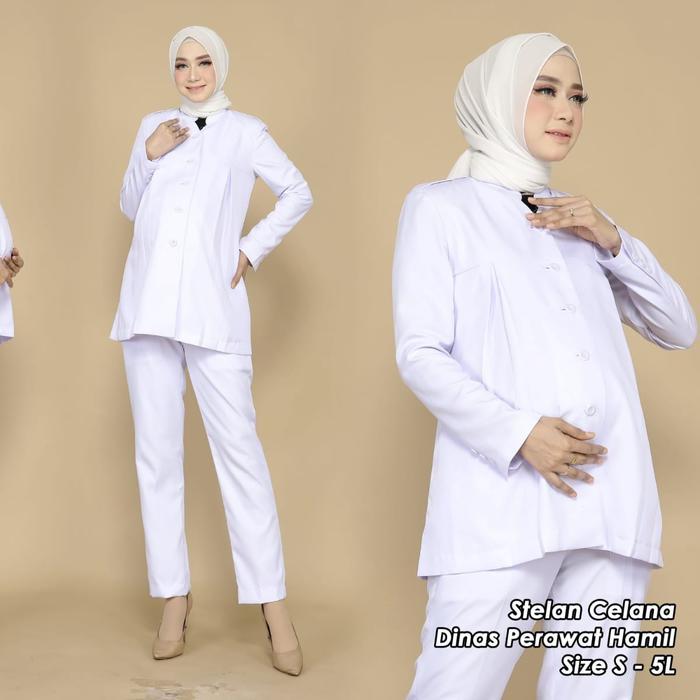 blazer putih seragam dinas kesehatan seragam putih perawat bumil Kerja Wanita Celana Panjang