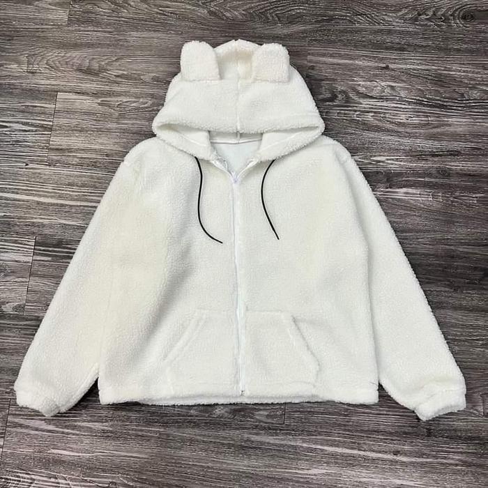 Avenza- Sweater Hoodie Zipper Cute Sherpa Bulu Domba Wanita Tebal Tali Bulu Nyaman