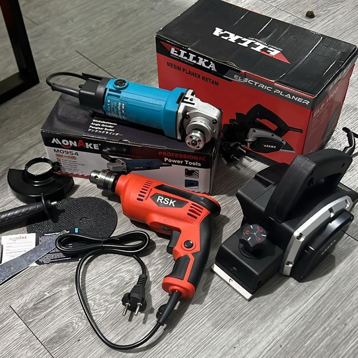 [ PAKET 3 ITEM TUKANG KAYU ] ELLKA Paket Mesin Tukang Kayu Lengkap - Mesin Gerinda 500W, Mesin Bor