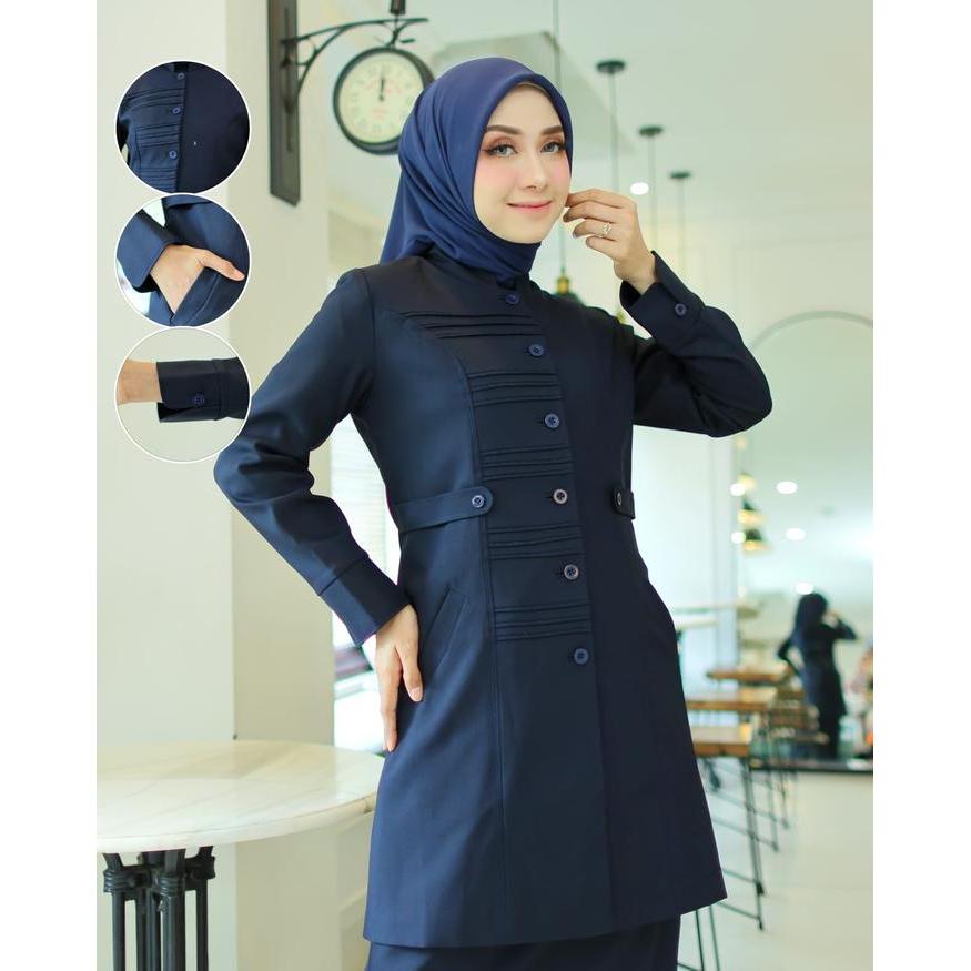 Seragam Kerja Dinas Guru/ASN Biru Dongker TUNIK STIK GARIS Wanita Setelan Rok Span/Rok.A/Celana
