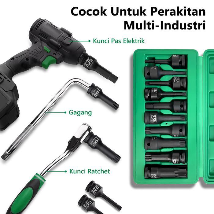 sge9- Isku Impact Bits Socket 10Pcs Bahan Cr Mo 1/2 Inch Mata Socket Impact Driver Torx Hex
