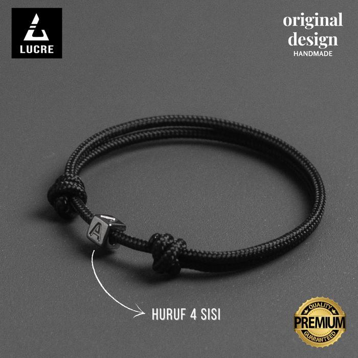 e64c- Lucre Gelang Tali Huruf 4 Sisi Liontin Inisial Hitam - Pria Wanita