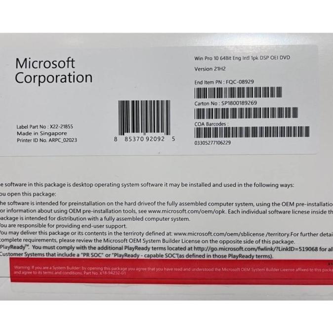 original lisensi Windows 10 Professional 64 BIT OEM Original Lifetime