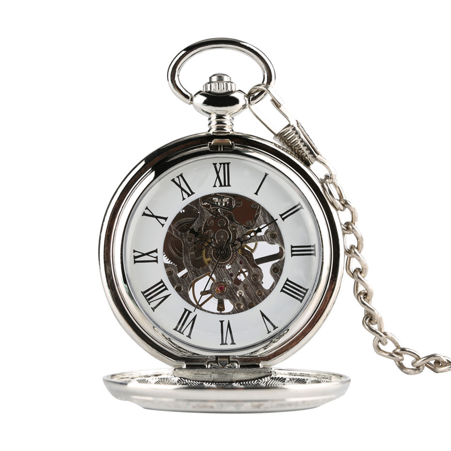 Luxury Silver Roman Numerals Display Mechanical Pocket Watch Skeleton Watch Men Women Hand Winding P