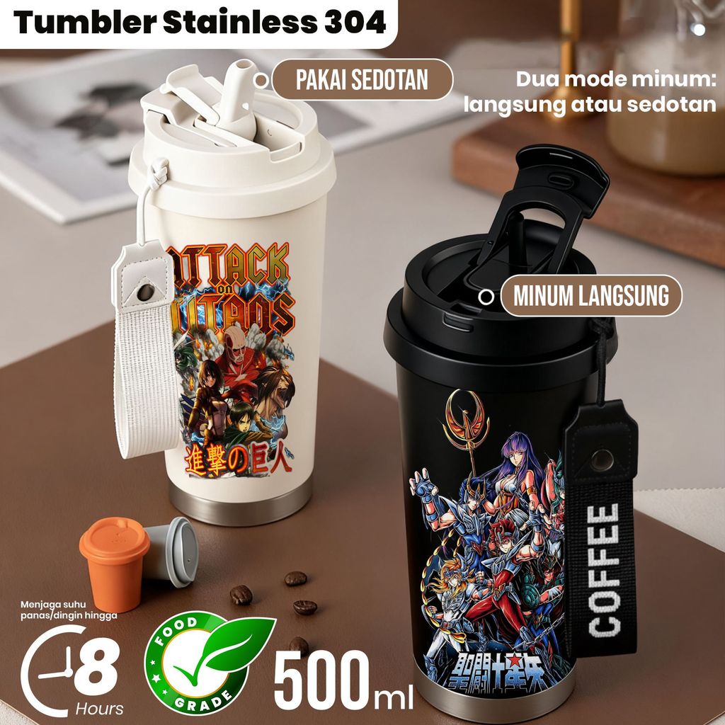 Tumbler Stainless Steel 304 500ml dengan Desain Attack on Titan dan Saint Seiya, Botol Minum Aesthet