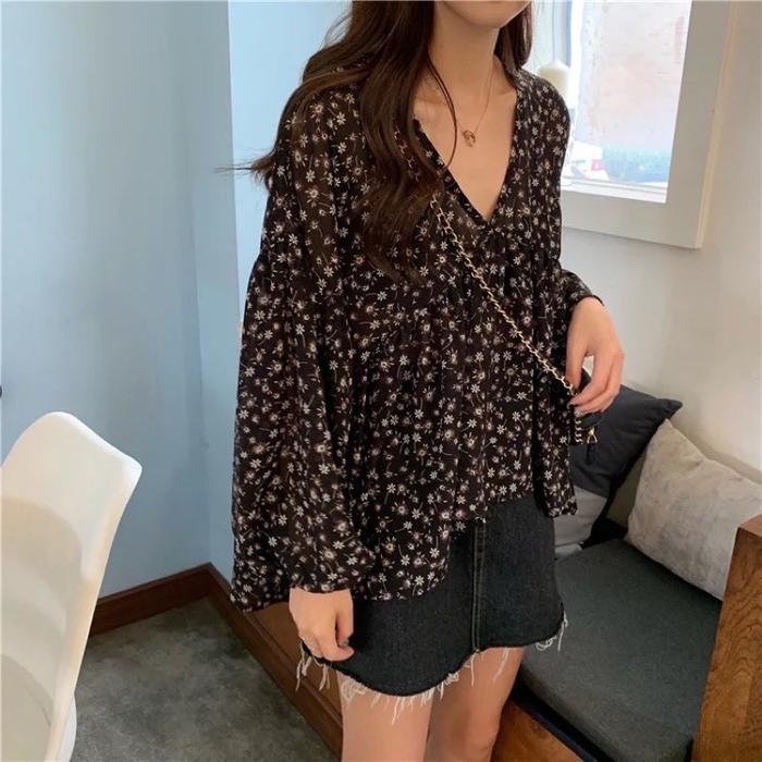 JaMinkwalitasnya- [Daisy]Blouse Wanita Bunga Lengan Panjang Hijab Muslim Pantai Atasan Baju