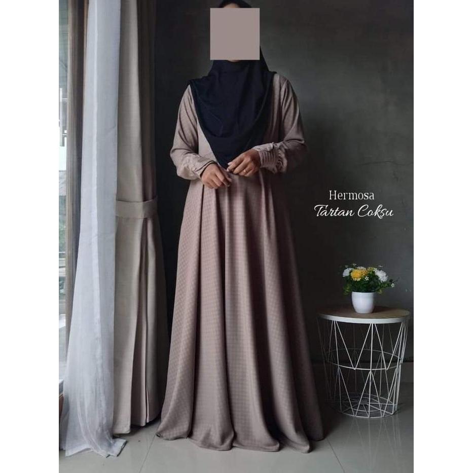 [Gamis Hermosa] Gamis Embos Hermosa Motif Tartan Semua Warna (Hitam, Abu, Coklat Tua, Mocca, Army,