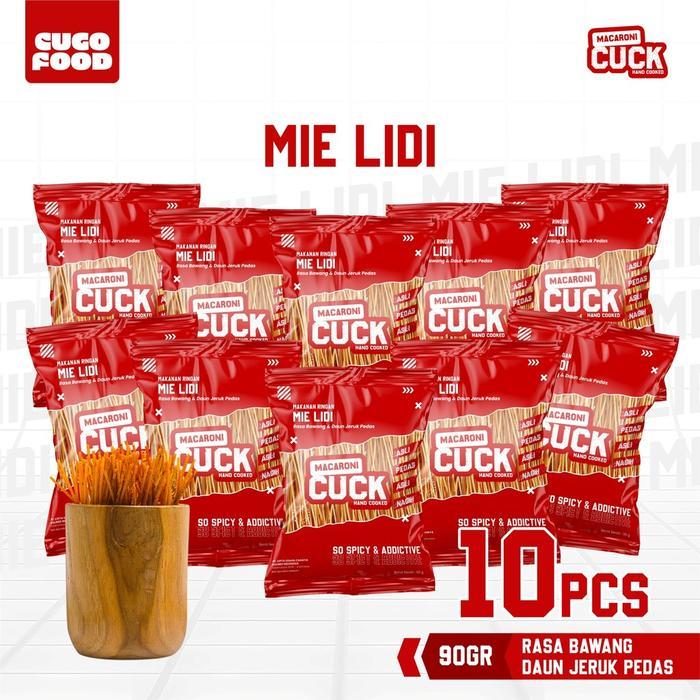 Macaroni Cuck Mie Lidi Pedas Daun Jeruk Kemasan Reg 80 Gr X 10 Pcs Snack Cemilan Gurih Asin