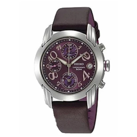 Jam Tangan Wanita Seiko Chronograph SND871P1 SND871 Strap Leather Black  Color Women Purple Dial Ori