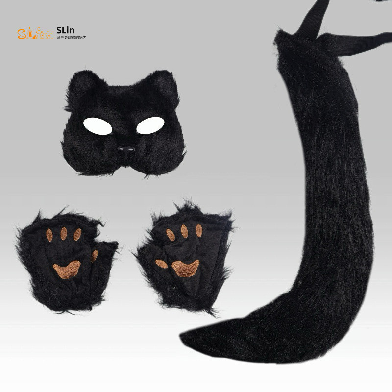 Masker Rubah Sarung Tangan Cakar Kucing Ekor Hewan 3 Set Cosplay Halloween - Dewasa, Warna Hitam Put