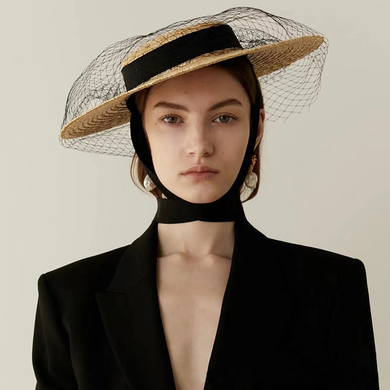 Short Height Women Straw Hat with Black Ribbons Mini Top Straw Headwear with Clips Craft Making