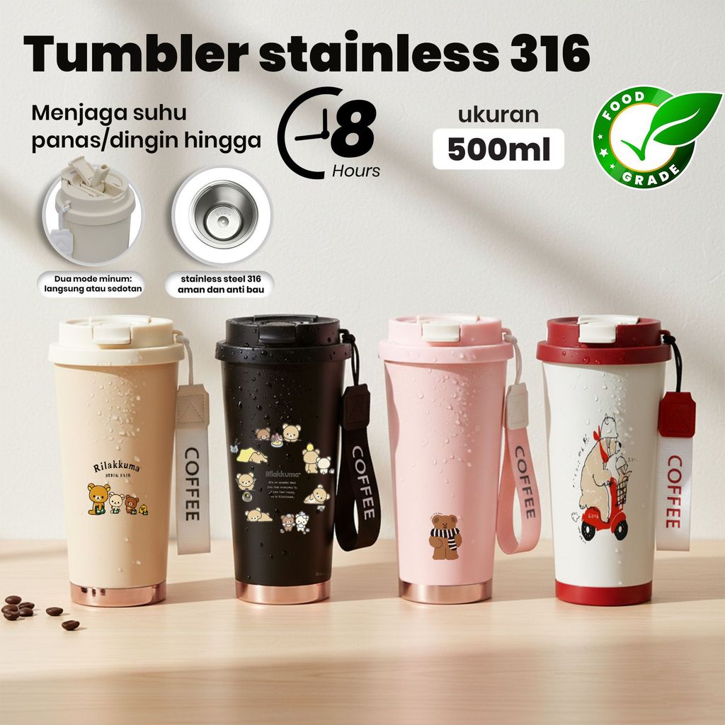 Tumbler Stainless 316 500ml Food Grade Gelas Minum Berwarna Unik dengan Motif Rilakkuma, Dua Mode Mi