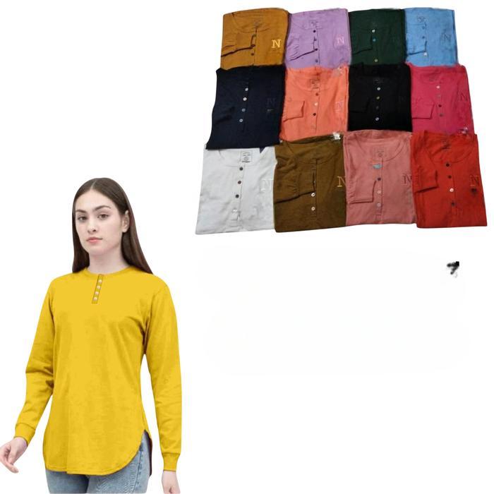 Kaos Oval Wanita Tangan Panjang Kancing Aktif Polos Atasan