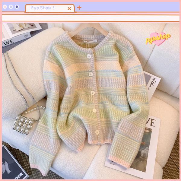 Stok Terbatas Pyoshop - Cardigan Korea Wol Rajut Soft Pastel Rainbow Wanita Knitwear Lengan Panjang