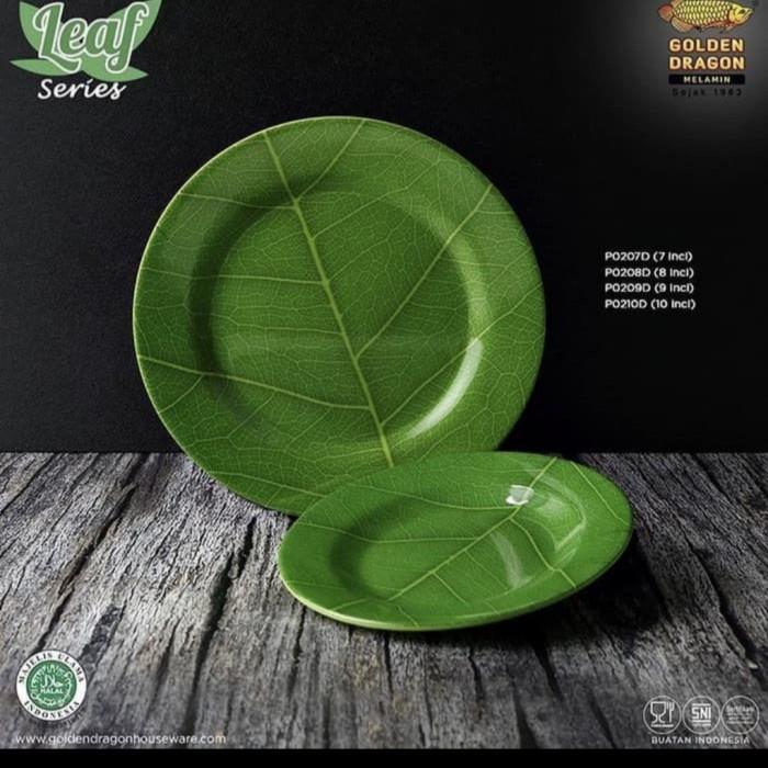 Piring Besar Jumbo Bulat Ceper Motif Daun Warna Hijau Melamin Tebal Murah Tahan Panas Anti Pecah Pre