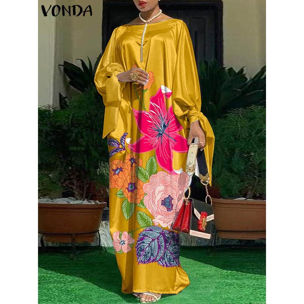 Plus Size Dress VONDA 2025 Bohemian Women Long Sleeve Satin Party Dress Autumn Vintage Casual Floral