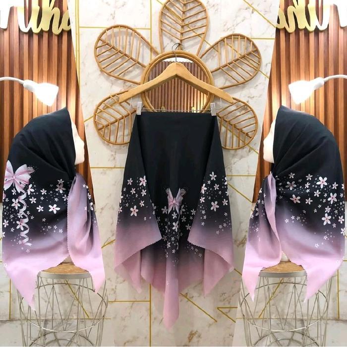 Hijab Segi Empat Voal Motif Pita Hitam Pink