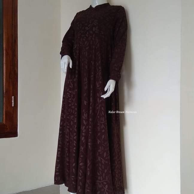 [Gamis Hermosa] Gamis Embos Hermosa Motif Katuk Warna Coklat - Gamis Embos Coklat/Gamis Embos