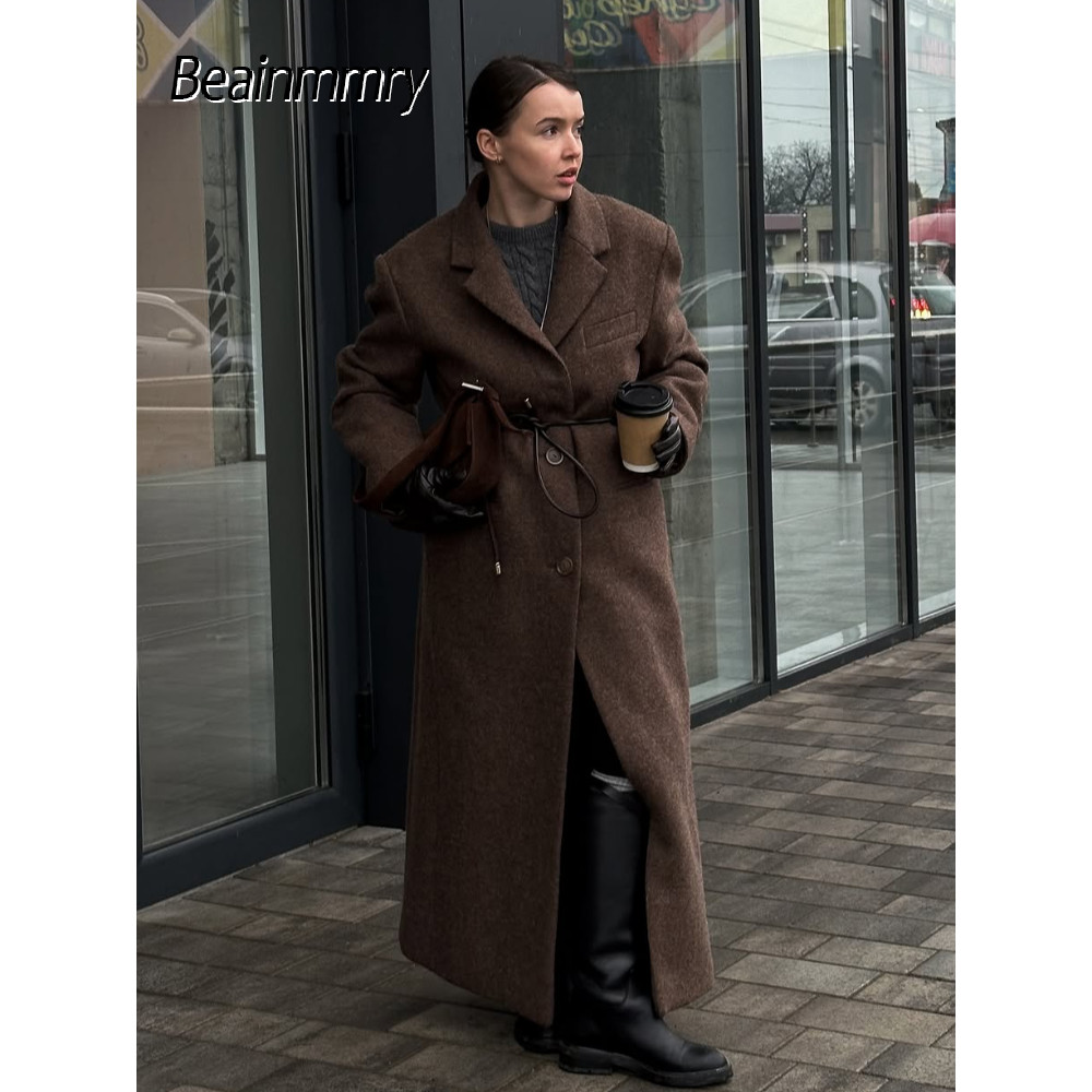Elegant Women's Brown Wool Blend Overcoats Chic Shoulder Pads Single-breasted Long Sleeve Coats