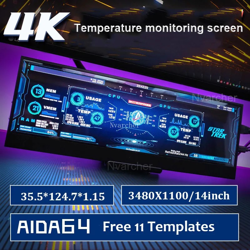 Nvarcher 14 Inch 3840*1100 Ips Screen Temperature Control Dynamic Display Desktop Aida64 Adjustable