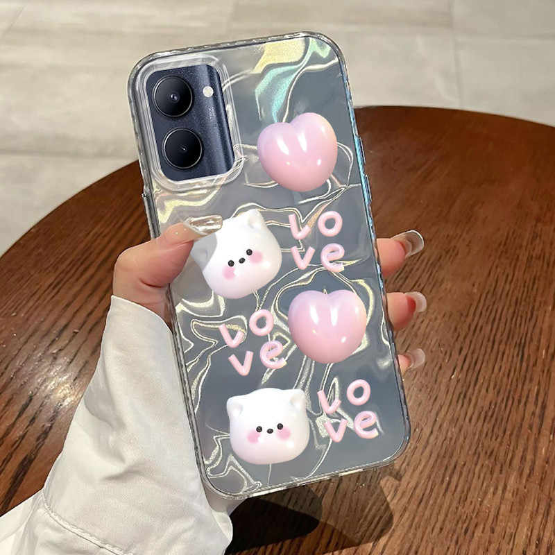 Casing Hp Untuk Realme C33 Case Beruang Hati Putih Muda Laser Watery Lovely Kesing Kasing Cesing Sil