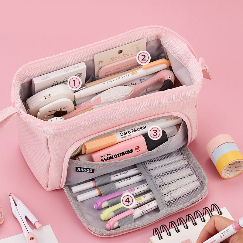 Angoo Side Window Cute Pencil Case Special Macaron Color Canvas Big Pencil Box Storage Bag Kids Stud