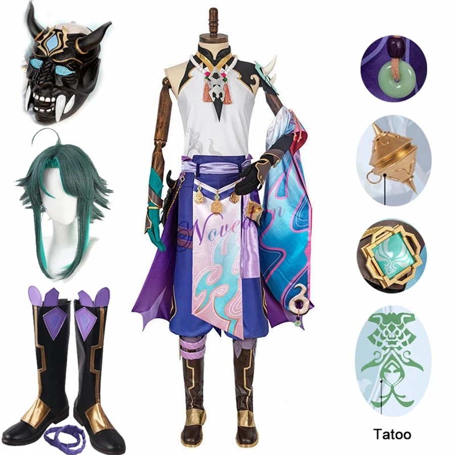 Genshin Impact Xiao Cosplay Costume Kimono Uniform Shoes Wig Mask Cosplay Anime Game Halloween