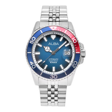 Jam Tangan Pria Alba Mechanical AU4051 AU4051X1 Strap Stainless Steel Silver Color Men Pepsi Blue Di