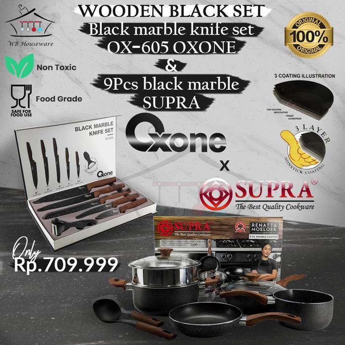 Panci set SUPRA alumunium anti lengket Renatta Moeloek Signature X pisau set oxone marble black