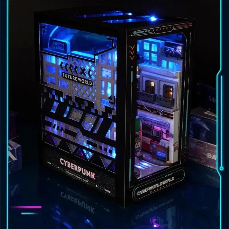 Wooden Book House Bookshelf Embedded Kit Mini Cyberpunk Style Book Block Bookshelf DIY Crafts Model 