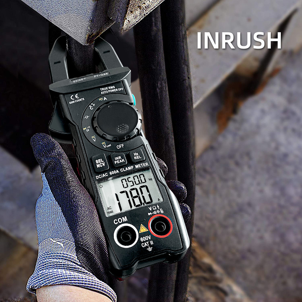 BSIDE 600A DC AC Clamp Meter Inrush Current TRMS 6000 Counts Auto-Ranging Multimeter Cap Temp Diode 