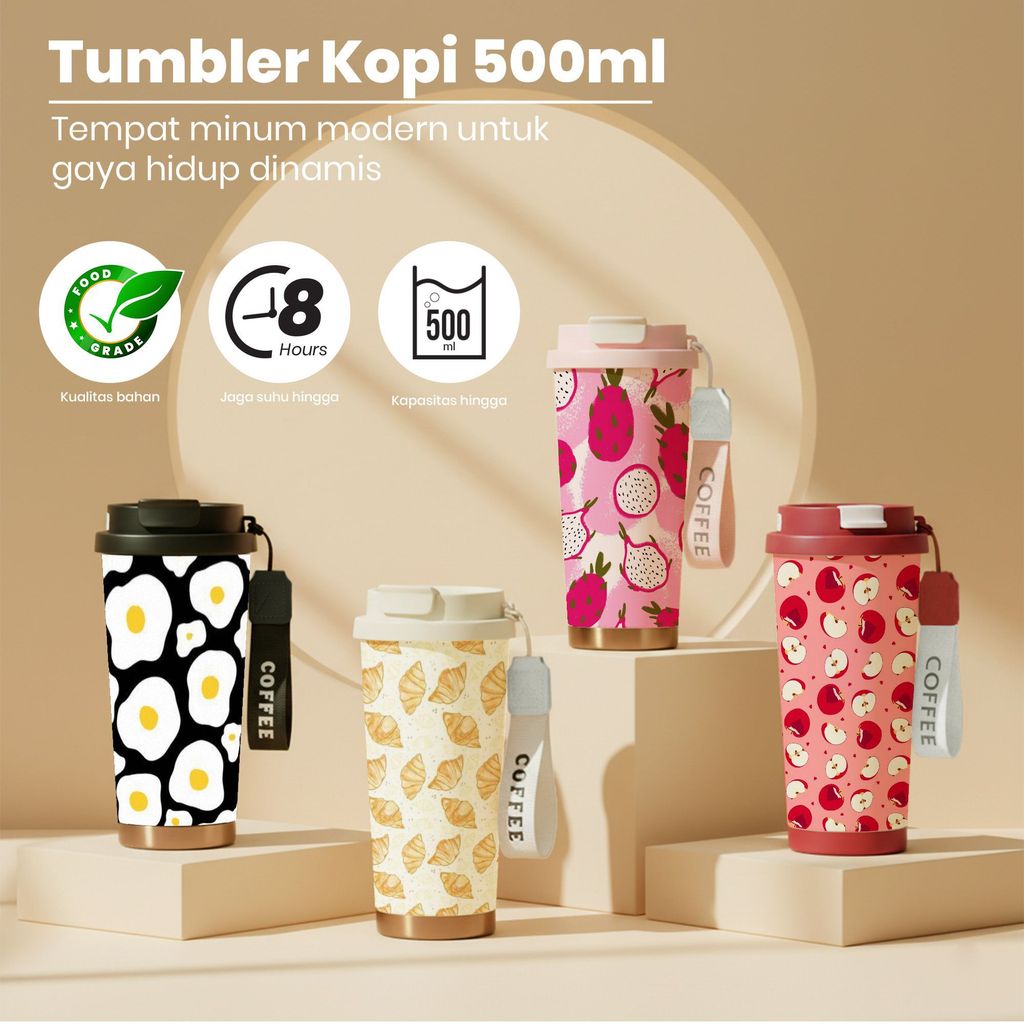 Tumbler Kopi 500ml Stainless Steel 316 Food Grade Tempat Minum Modern Gaya Hidup Dinamis Motif Telur