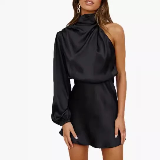 Silk Satin Long Sleeve Mini Skirt Spring 2024 Women's Single Shoulder Cocktail Dress round Neck