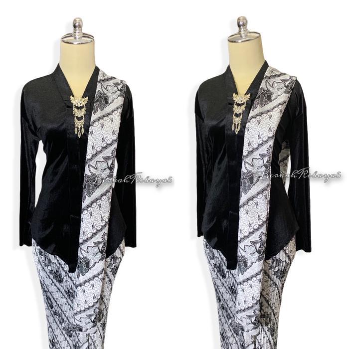 Setelan Kebaya Kartini Encim Bludru / Kebaya + Selendang + Jarik Motif Kusumo Putih