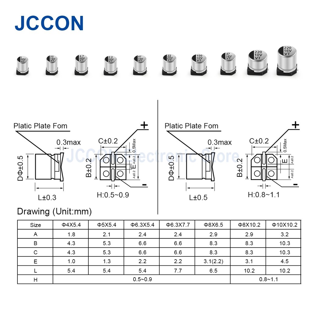 50Pcs JCCON SMD Aluminum Electrolytic Capacitor 6.3V 10V 16V 25V 35V 50V 100V 0.47UF 1UF 10UF 22UF 6