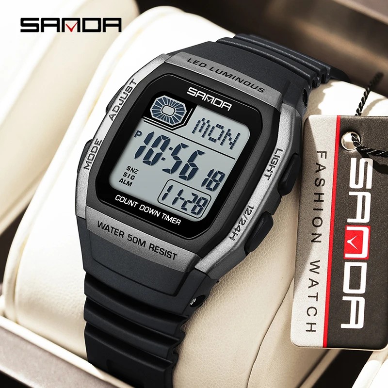 SANDA Fashion Sport Electronic Watch Youth Watch Square Multifunction Calendar Countdown Men Women