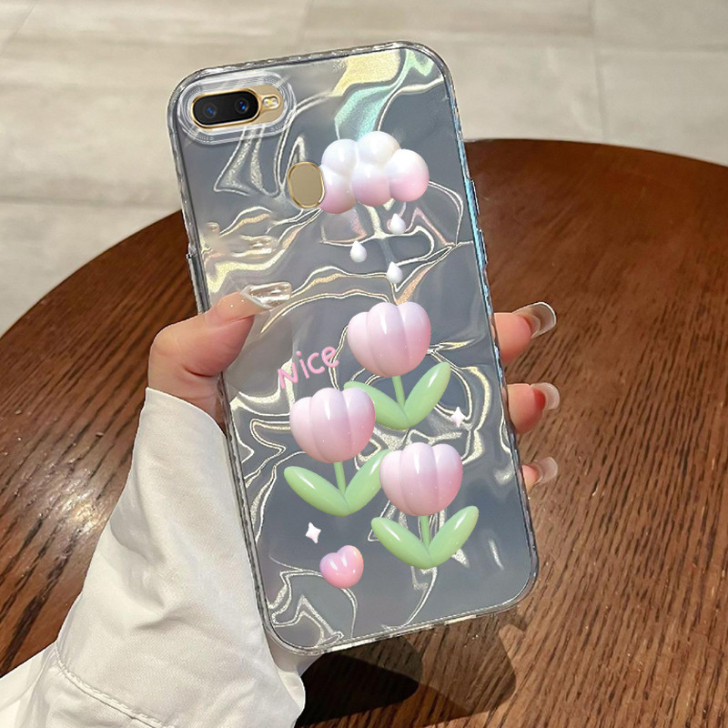 Casing Hp Untuk OPPO A7 OPPO A5s OPPO A12 OPPO A12S A11k Case Bunga Tulip Pink Kartun 3D Laser Water