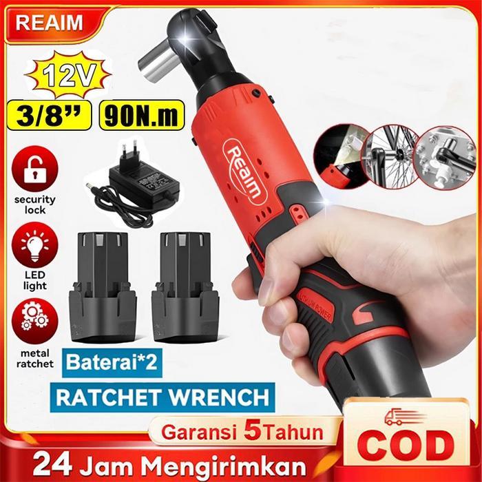 REAIM Kunci Rachet Listrik 12V 3/8" Cordless Electric Ratchet Wrench Set Torsi Kuat, Ringan &