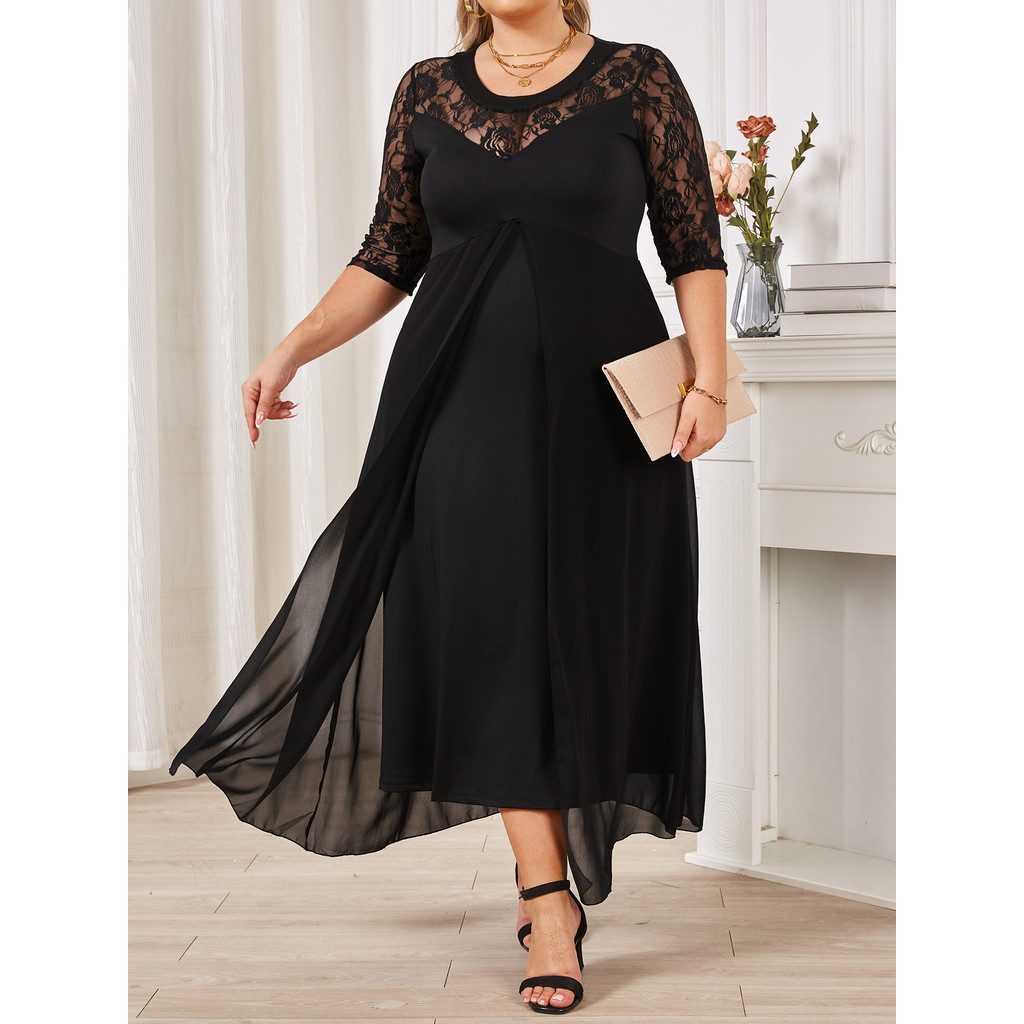 Summer Black Long Dress Female Lace Patchwork See Through Sexy Elegant and Pretty Women's Dresses